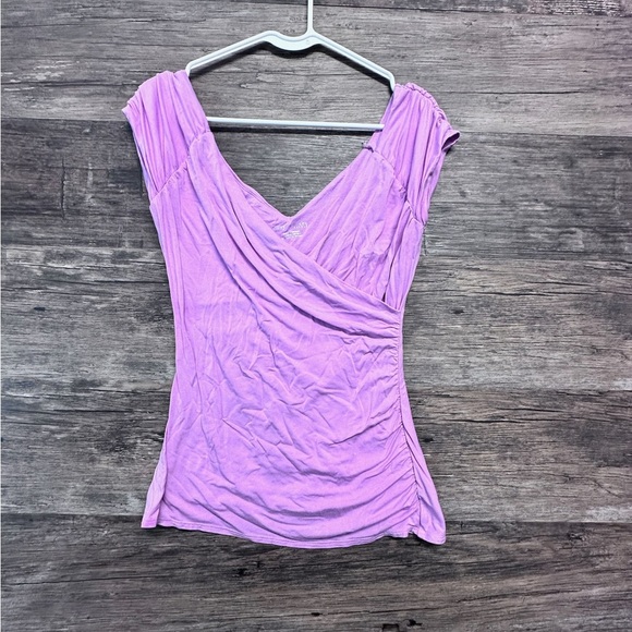 White House Black Market Purple Wrap Blouse with Cap Sleeves and Ruching - Picture 1 of 5